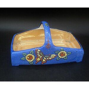 Ceramic Lusterware Basket Japan Blue Flowers Butterfly READ